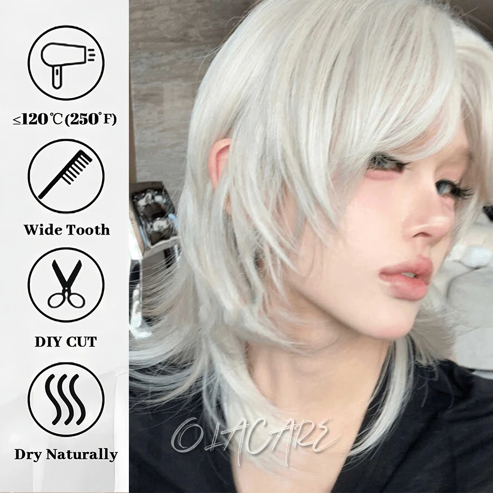 OLACARE Short Mullet Head Wigs with Bangs Synthetic Straight Anime For Women Black Gray White Hair Wig for Daily Party Cosplay