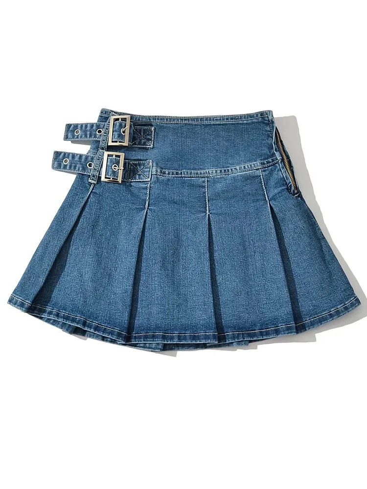 2025 Summer New TARUXY Denim Y2k Skirt with Pleats and Belt 90s E-girl Korean Skirts For Women High Street Jeans Short Bottom