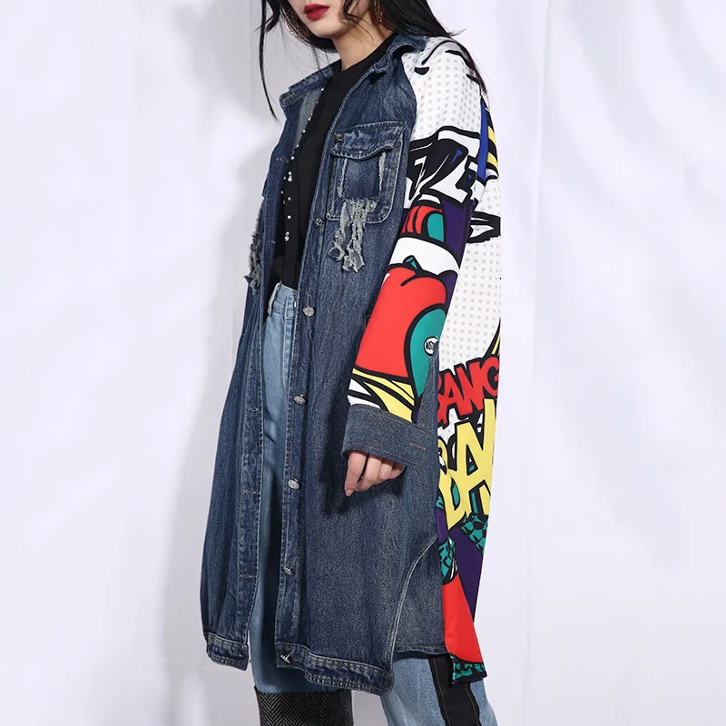 Imagem -03 - Patchwork Denim Trench Coats para Mulheres Sobretudo Longo Blusão Chique dos Desenhos Animados com Estampa Graffiti Streetwear Feminino Primavera e Outono