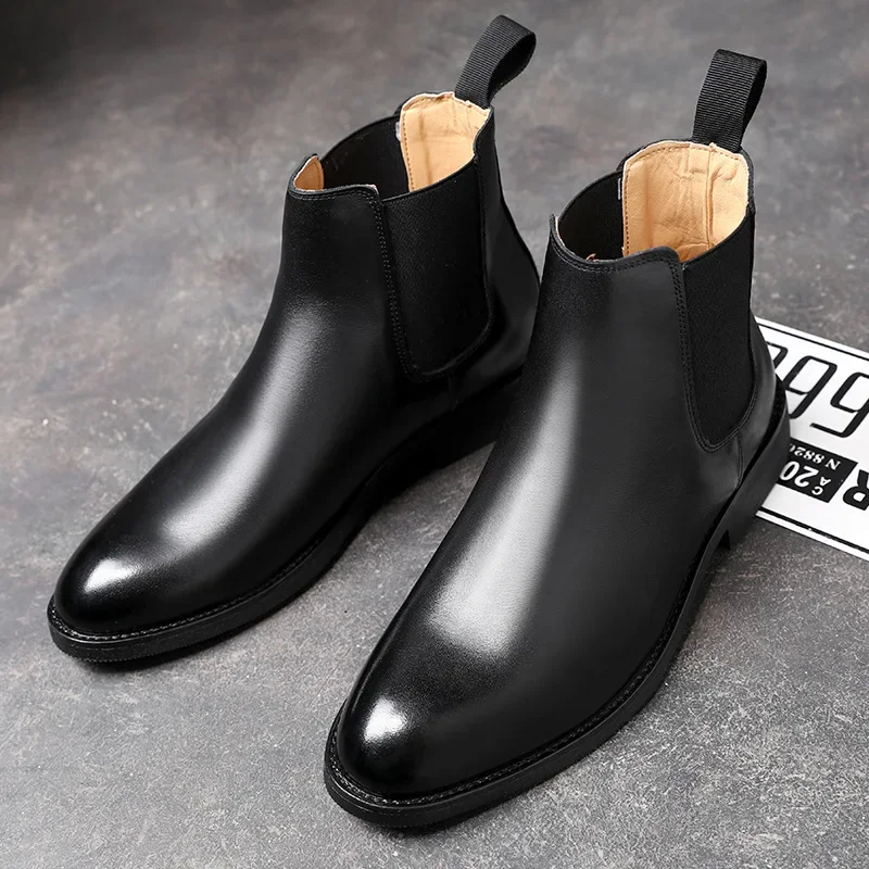 Bottes Chelsea pour hommes, montantes, décontractées, en cuir, de luxe, pour robe d'affaires, en peluche, chaudes, pour l'hiver