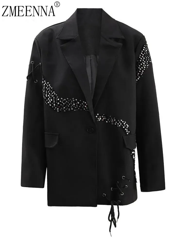 ZMEENNA Black Sequins Bandage Big Size Casual Blazer Women New Lapel Long Sleeve Jacket Fashion Tide Spring Autumn 2024 ZM533