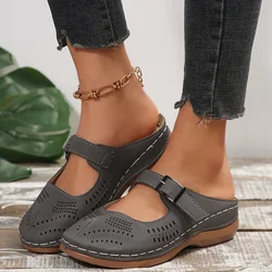Womens Faux Leather Solid Round Toe Flat Heel Wedge Sandals Comfortable Slip-on Buckle Strap Design, Soft Faux Leather Insole