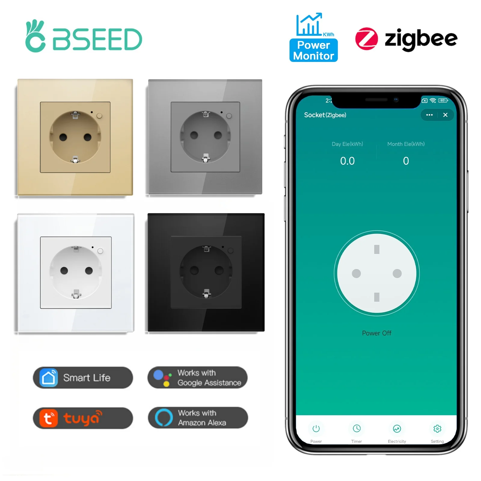 Inteligentne gniazdko ścienne Bseed E-Series EU Zigbee z monitorowaniem energii, ramką z kryształowego szkła, kompatybilne z Google Home, Alexa i Smart Life, sterowanie głosowe.