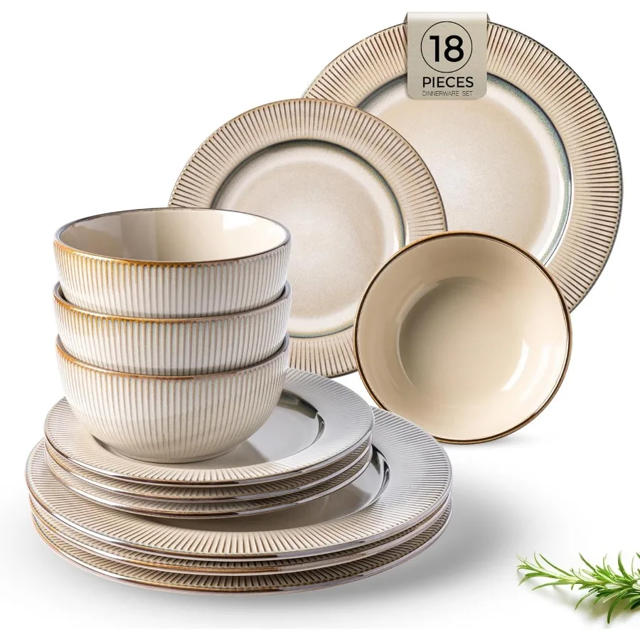 

Ceramic Dinnerware Sets 18 Piece Embossed Elegant Stoneware Plates and Bowls Sets Housewarming Wedding Gift Dishwasher and Micr