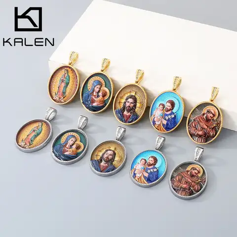 KALEN Vintage Religious Mother Child Angels Holding A Medallion Stainless Steel Pendant Necklace For Men Fashion Jewelry Gifts