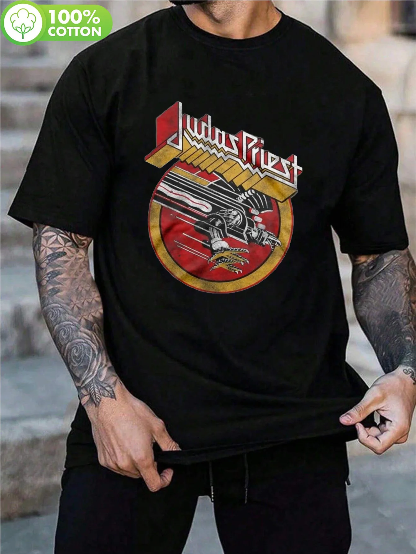 

Men's Vintage Judas Priest Tour Logo Graphic T-Shirt - 100% Cotton Regular Fit Black Band Tee with Red & Yellow Winged Design