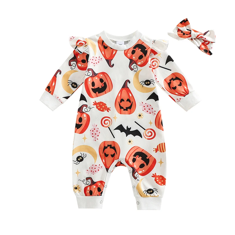 

Baby Halloween Romper Pumpkin Bat Print Round Neck Long Sleeve Full Length Jumpsuit with Headband