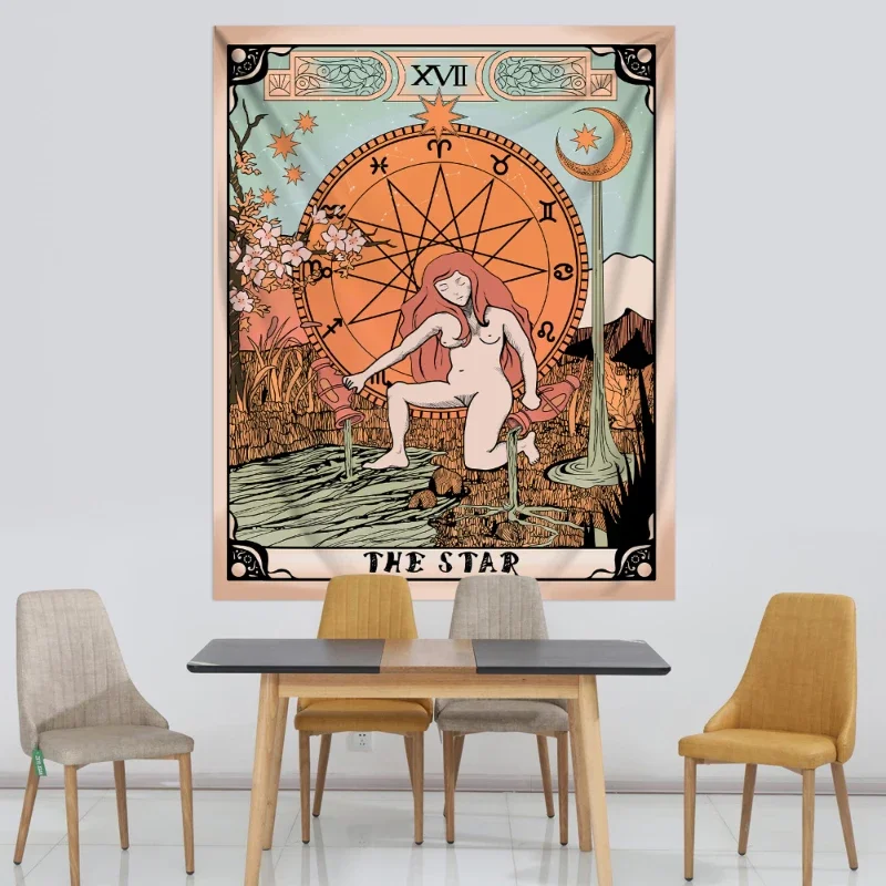 نسيج علم التارو للغرفة ، الشمس القمر والنجم ، علم تنجيم السحر القديم العتيق ، حورية البحر ، بطانية السرير ، قماش الجدار #3