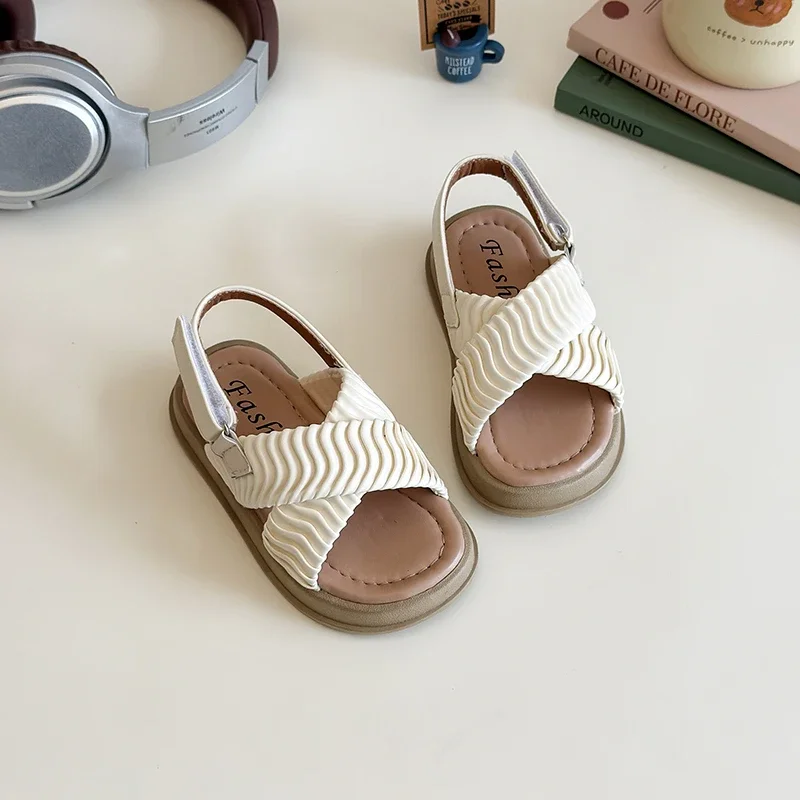 

Toddlers Girls Sandals 2025 Summer Children Beach Shoes Kids Fashion Cross-tied Anti-sliperry Casual Sandals Soft Princess Shoes