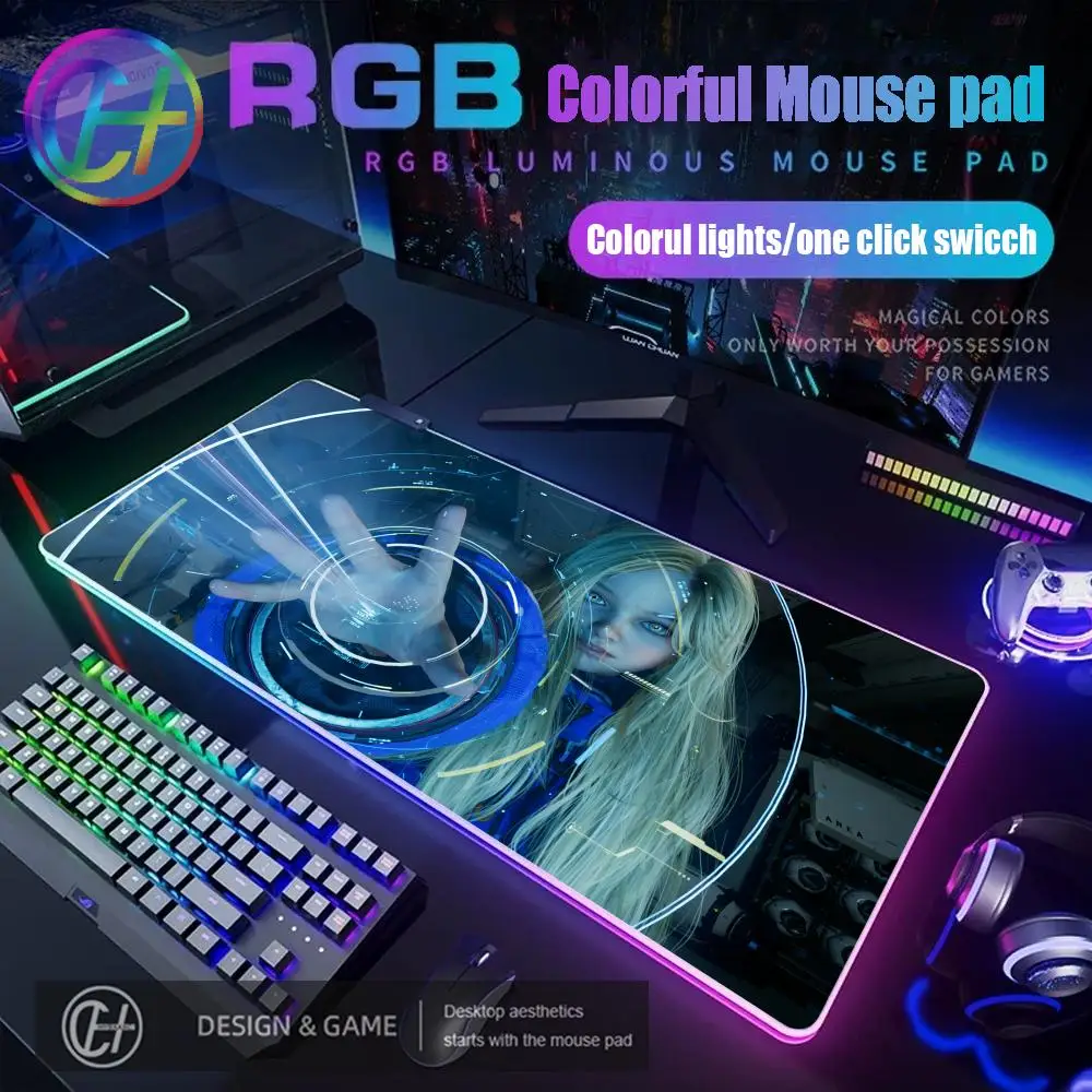 HYBXAXC Game P-Pragmata Characters Android Girls Diana Hugh Williams Mouse Pad RGB Gaming Mouse Pad Desk Mat HD Large LED Light