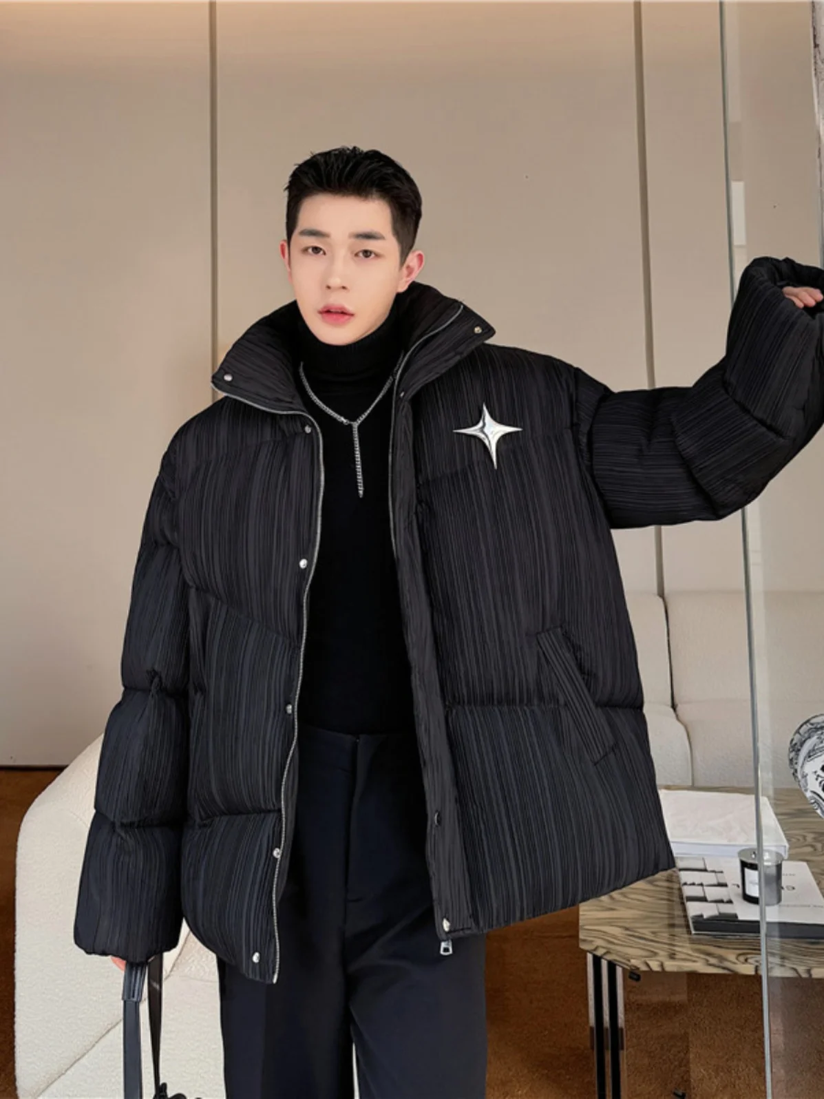 

Trendy Thiened Cotton Jaet for Men Casual Loose Sle Wrinkles Design Korean Version Winter New Arrival Warmth Guaranteed