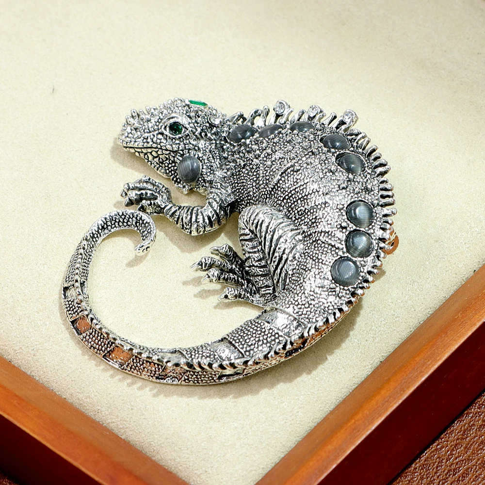 CINDY XIANG Vintage Metal Large Lizard Opal Pins For Women Cute Animal Brooches Jewelry Good Gift