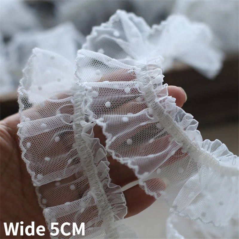 5CM Wide Luxury Tulle White Polka Dots Mesh Stretch Lace Applique Elastic Ruffle Trim Collar Cuffs DIY Sewing Guipure Decor