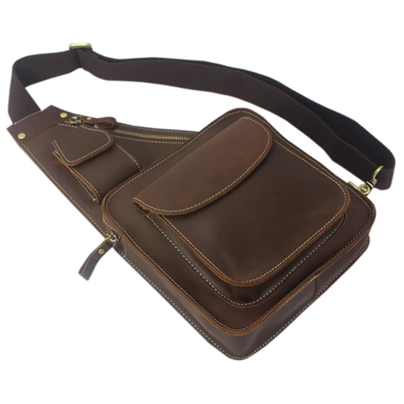 

Vintage FullGrain Crazy Horse Genuine Leather Men's shoulder bag Crossbody Messenger Bag Leisure Sling Bag Male Chest Pack Brown