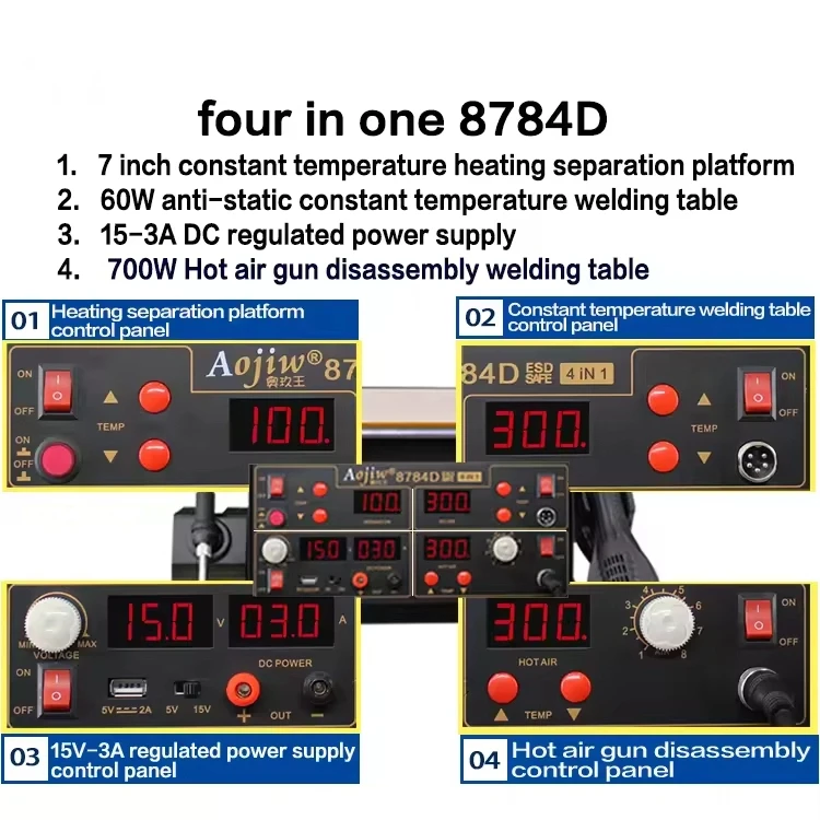 

8784D 4 in 1 Hot Air Rework Station 700W Soldering Iron BGA Repair 450°C PID Control USB Power