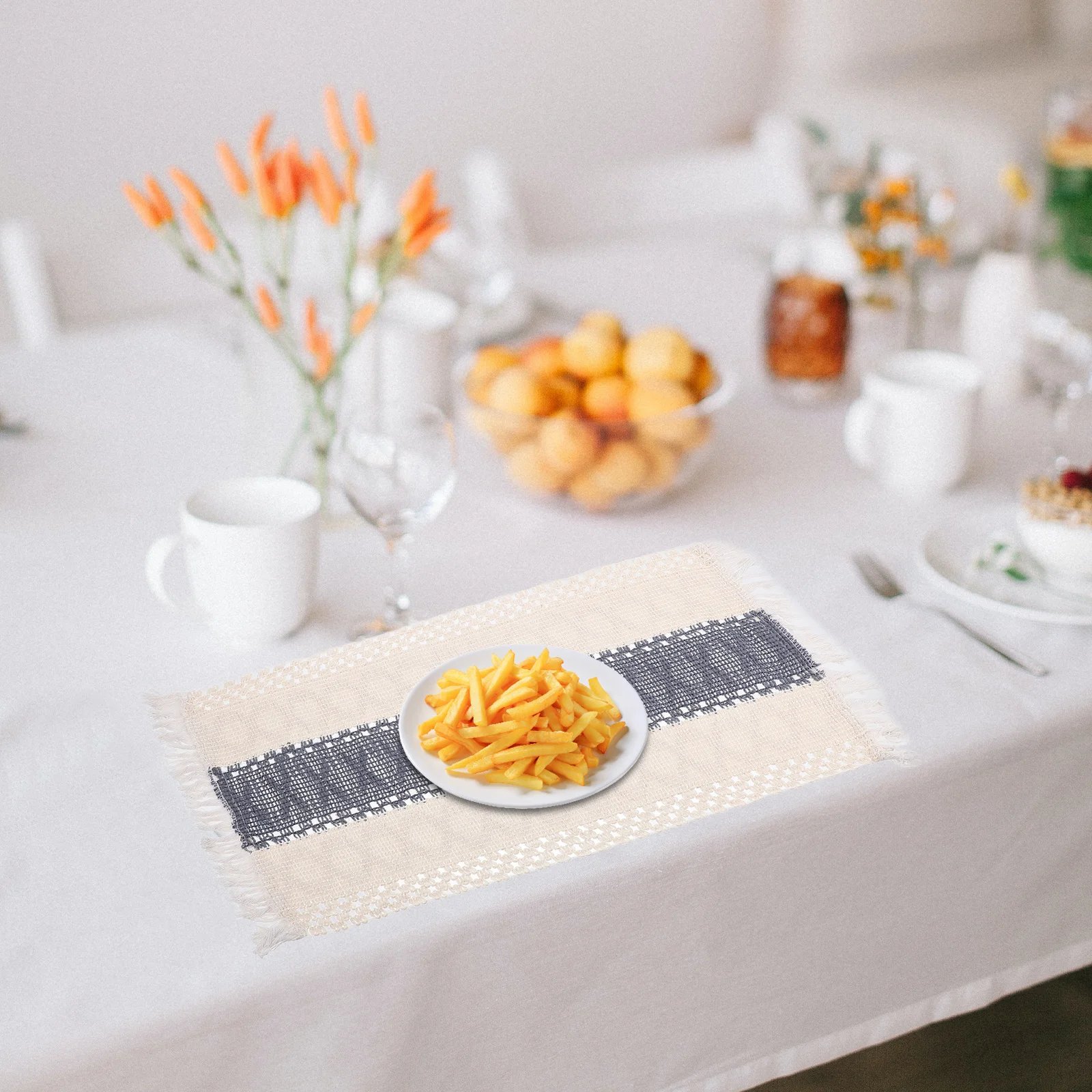 Imagen 7: Juego de manteles individuales con borlas de lino y algodón tejido, resistentes al calor, antiescaldaduras, rectangulares, para mesa de comedor, uso en restaurante y hogar, 8 Uds.