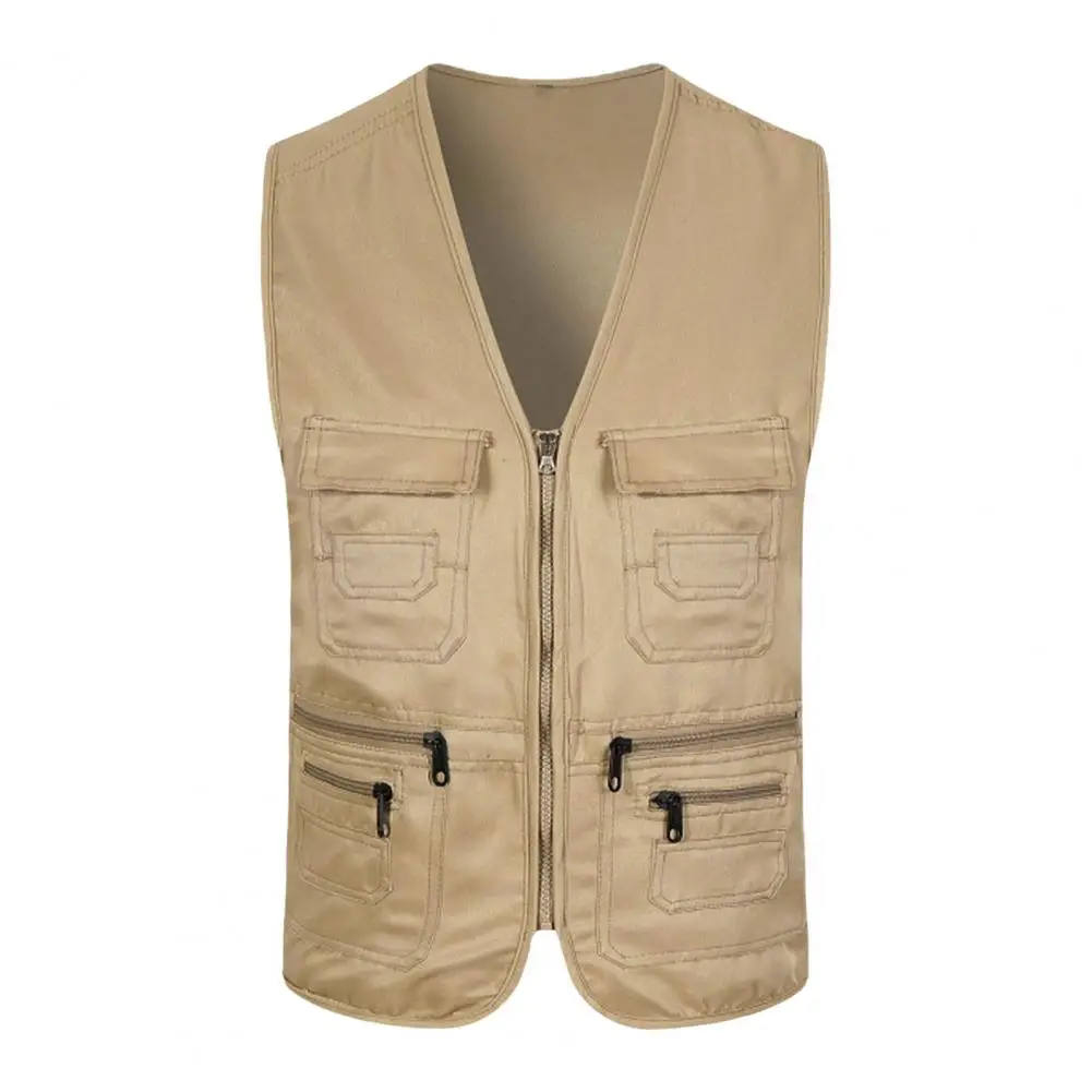 Multi-pocket Vest Men Utility Vest Men's Summer Cargo Waistcoat with Multi Pockets V-neck Sports Vest Solid Color Zipper Placket