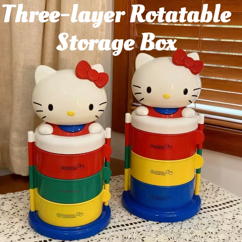 

Cartoon HelloKitty Three-layer Rotatable Storage Box Desktop Ornaments Anime Cute KT Peripheral Storages Rack Storage Box Gifts