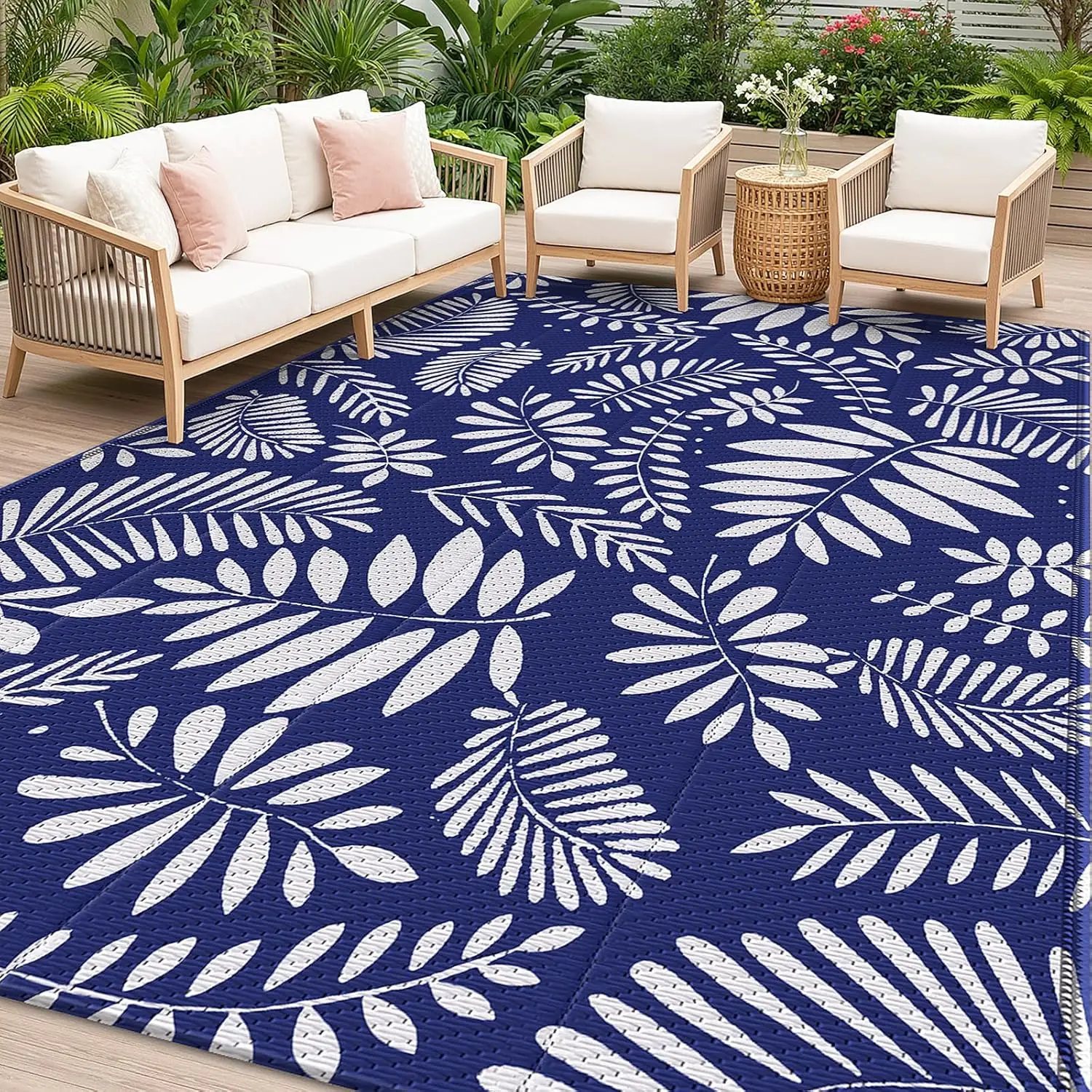 

Large Waterproof Outdoor Rug, 8x10 ft, White & Blue Plastic Straw Mat for Patio, RV, Camping, Beach