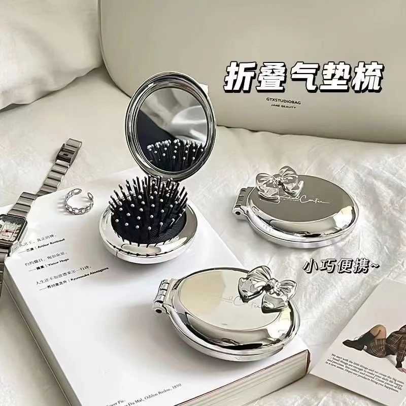 Women's Portable Pink Bow Hair Comb with Compact Mirror 2-in-1 Fashion Daily Beauty Accessory view 3