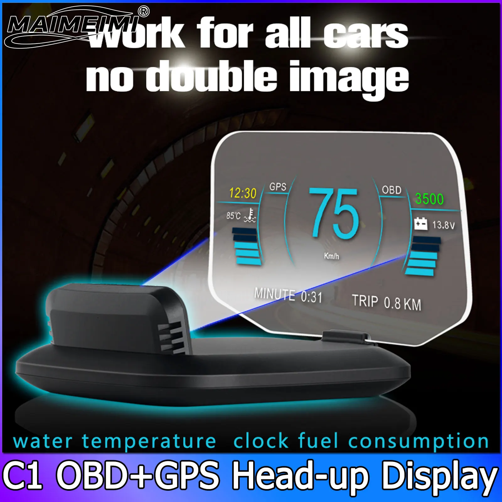 

C1 Head Up Display Car HUD OBD2 GPS Dual System 5.1 Inch Version Speedometer RPM Overspeed Voltage Engine Water Temp Alarm