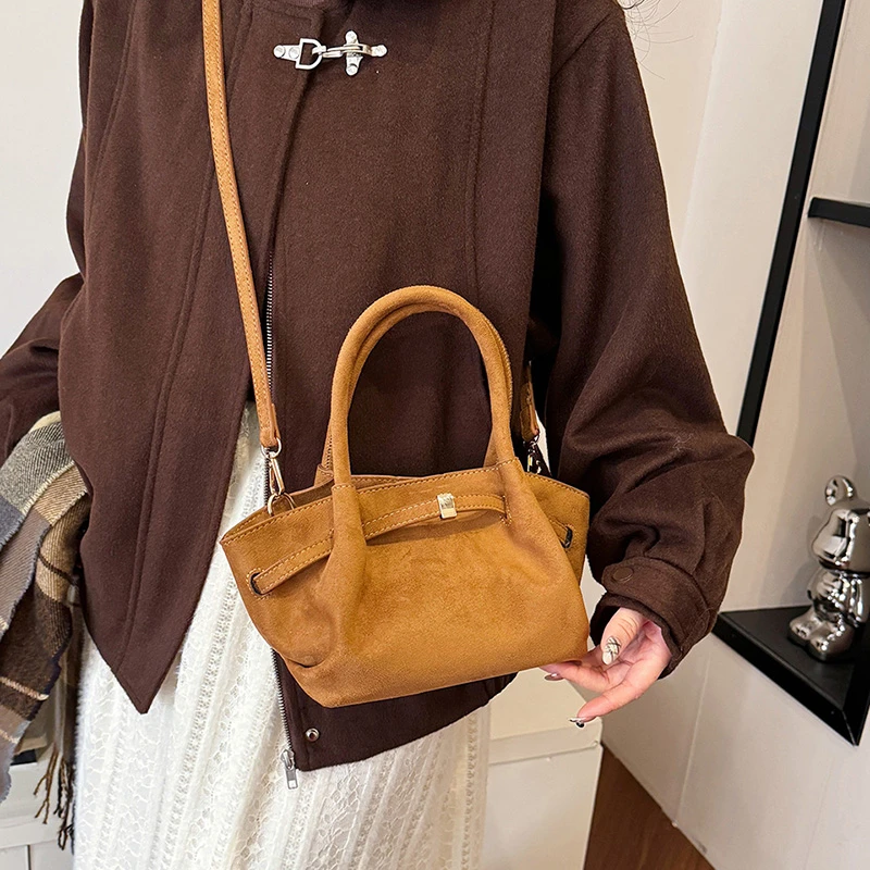 MOODS Burgundy Round Top-handle Bags For Women Soft Suede Shoulder Cross Body Cloud Bag 2024 Luxury Designer Purses And Handbags image 3