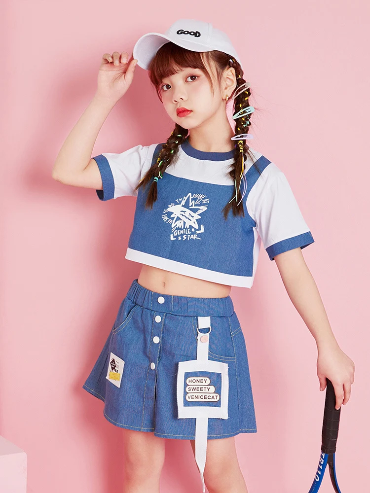 Cheerleading Uniform Denim Jazz Dance Kostuum Tops Shorts Rok Hiphop Dance Outfit Concertkleding Dl10439