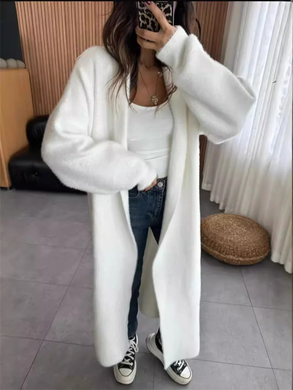 Elegant Solid Imitation Mink Hair Long Cardigan Women Autumn Winter Loose Long Lantern Sleeve Fleece Stretch Coat