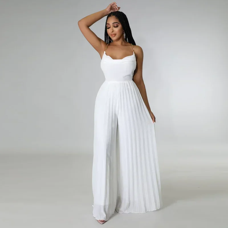 

KEXU Sexy Chain Backless Women Jumpsuits Elegant Pleated Wide Leg Rompers Evening Night Party Club Summer Loose Overalls