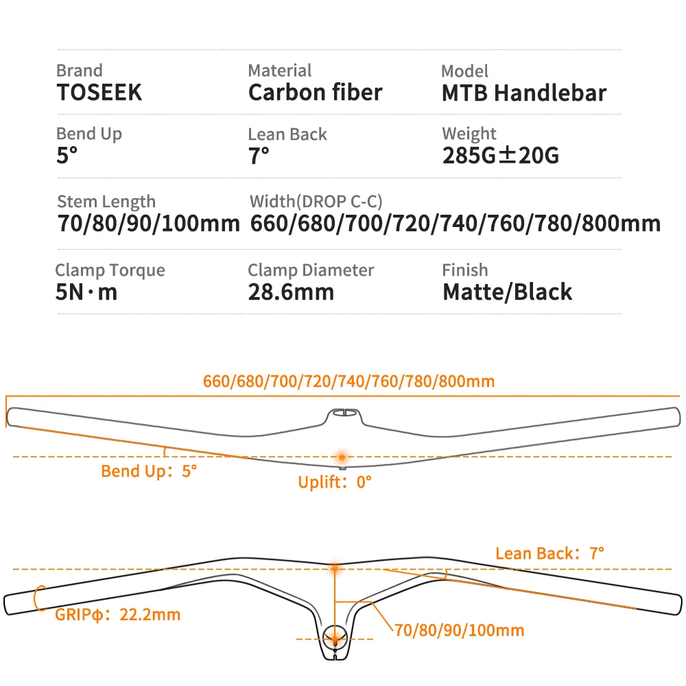 TOSEEK Carbon Mountain Bike Handlebars and Stem 28.6mm  -17° Integrated Mtb Handlebar  660~800-70/80/90/100mm Bicycle Parts