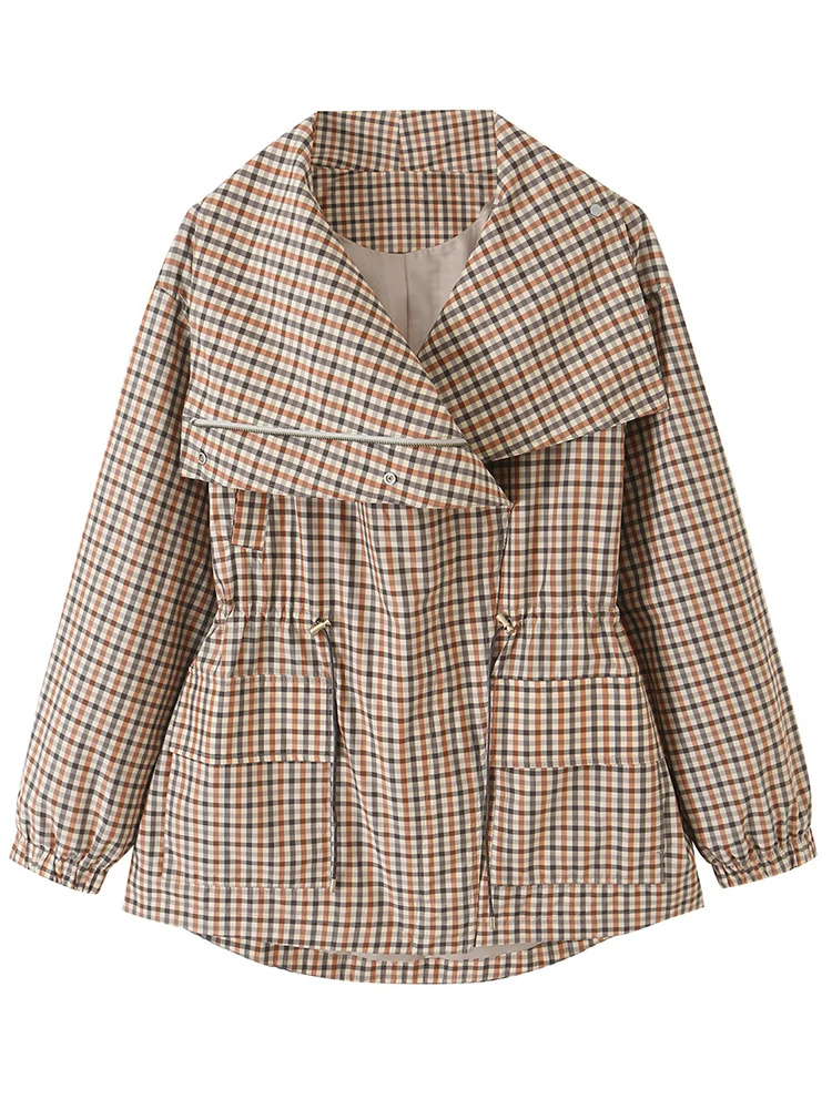 HH Women Plaid Check Jacket Spring Fall Large Lapel Drawstring Waist Zip Button Multi‑Pocket Outerwear Commute Travel Daily Wear
