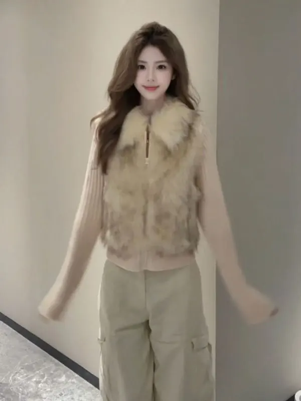 

Ретро-свитер из трикотажа с мехом и кожаными вставками, приталенный, красивый, уникальный, зимний, модный, мягкий, повседневный, с длинными рукавами