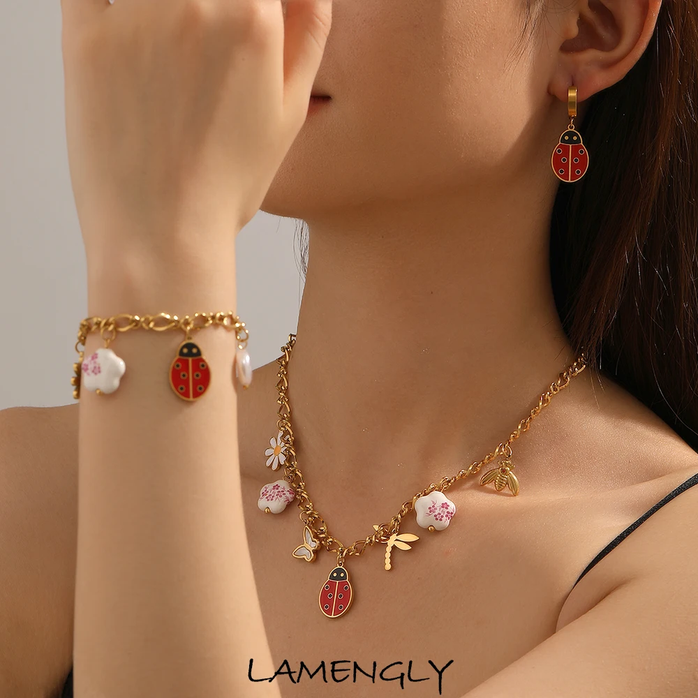 LAMENGLY Personal beetle dragonfly butterfly flower Pendant Necklace Earring Bracelet Combin Women Novel Chic Jewelry Set Gifts