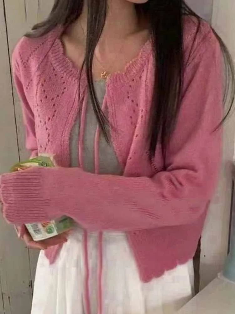 

Women's Cardigan Sweater 2024 New Vintage Versatile Design Knot ort Thin Lace Knitted Top Korean Sle Commute Faion