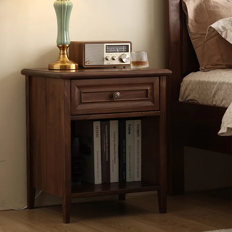 

American solid wood bedside table retro black walnut bedside table simple storage locker medieval bedroom furniture