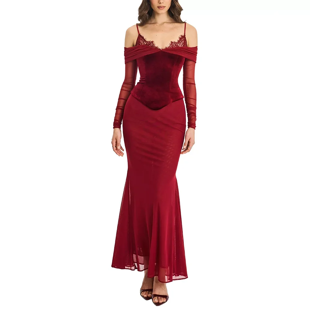 

Sexy Red Spaghetti Strap Backless Evening Dresses for Women Long Sleeves Mermaid Ankle Lenght Prom Gwons Customized Praty Dress