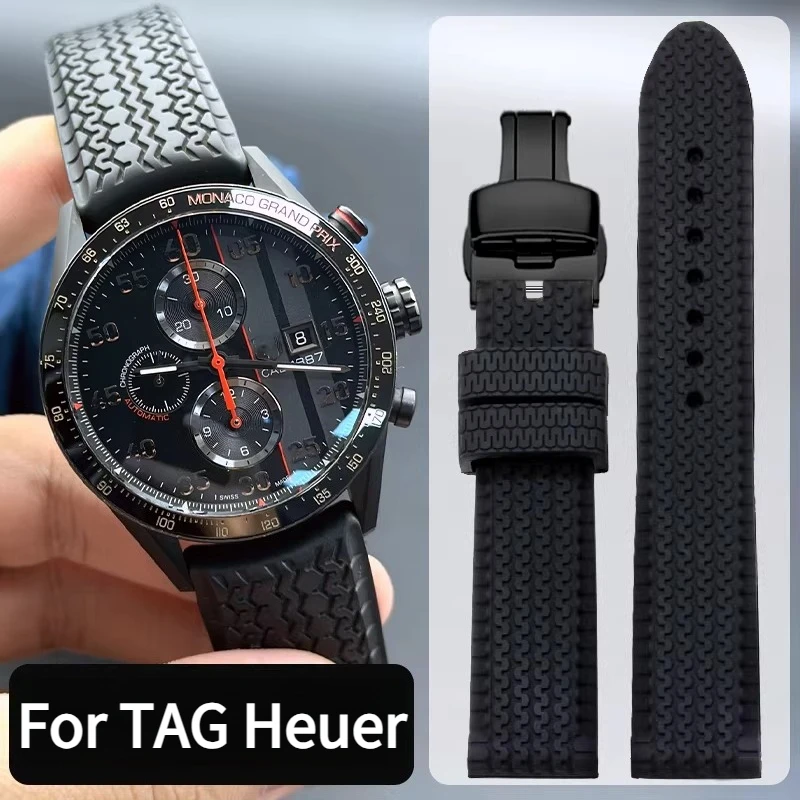 Silicone watch strap men for Original TAG HEUER CARRERA caliber 16 1887 FT6042 FT6033 racing tire pattern Soft rubber watchband