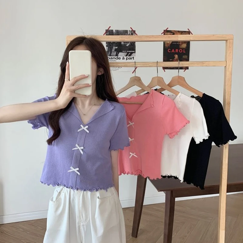 

Spring Summer V-neck Tees Cute Wooden Ear Edge T-shirt Short Sleeve Bow Design Cardigan Knitted Shirt For Women