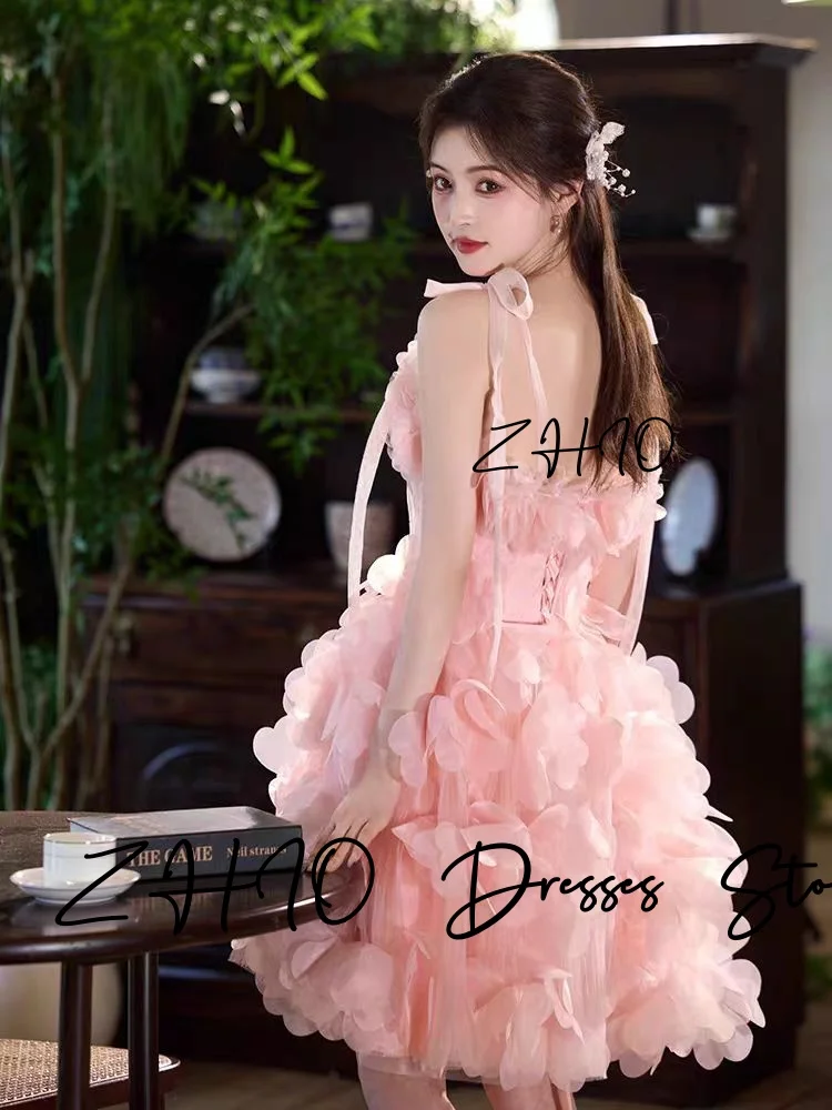 ZHIO Elegant Pink Wedding Party Dress Sweetheart Spaghetti Straps Draped A-Line Organza Birthday Short Prom Gown Customized