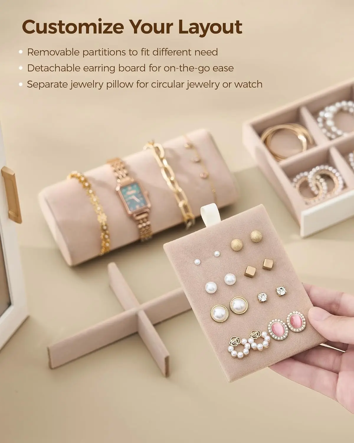 360 °   Roterende sieradenorganizer met 7 lades, glazen venster, stofdicht ontwerp in wit