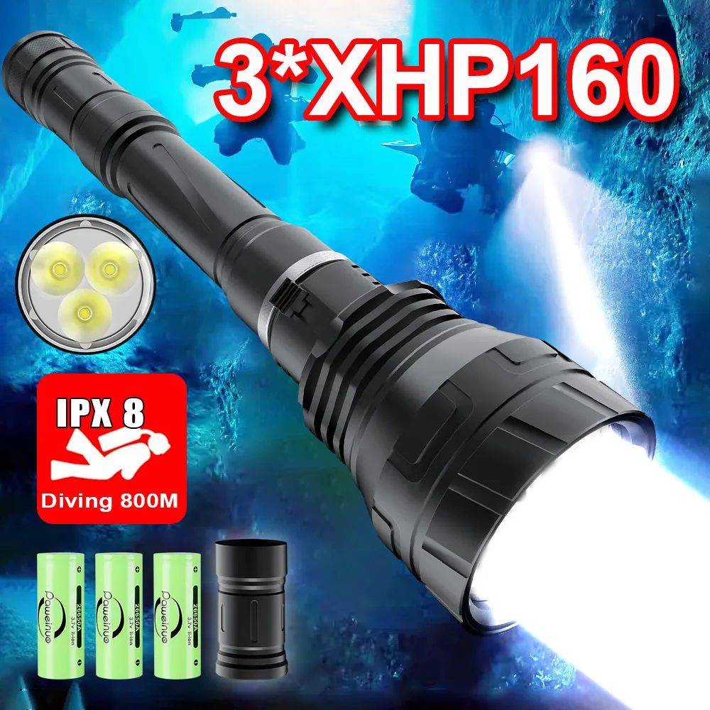 100000LM 3LED XHP160 Professional Scuba Diving Flashlight Diving 800m Powerful Diving Light IPX8 Underwater Lantern 26650