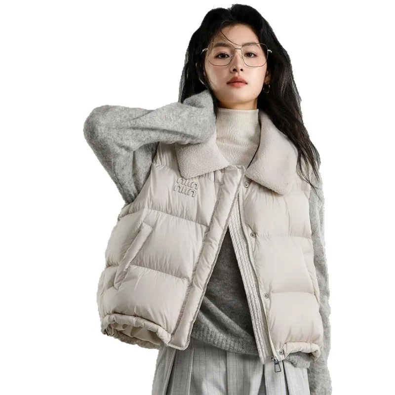 ダウンコート ソリッド レディース ジッパー ダウンジャケット アウター ターンダウンカラー カバードボタン スプライス ノースリーブ カーディガン ルーズ カジュアル