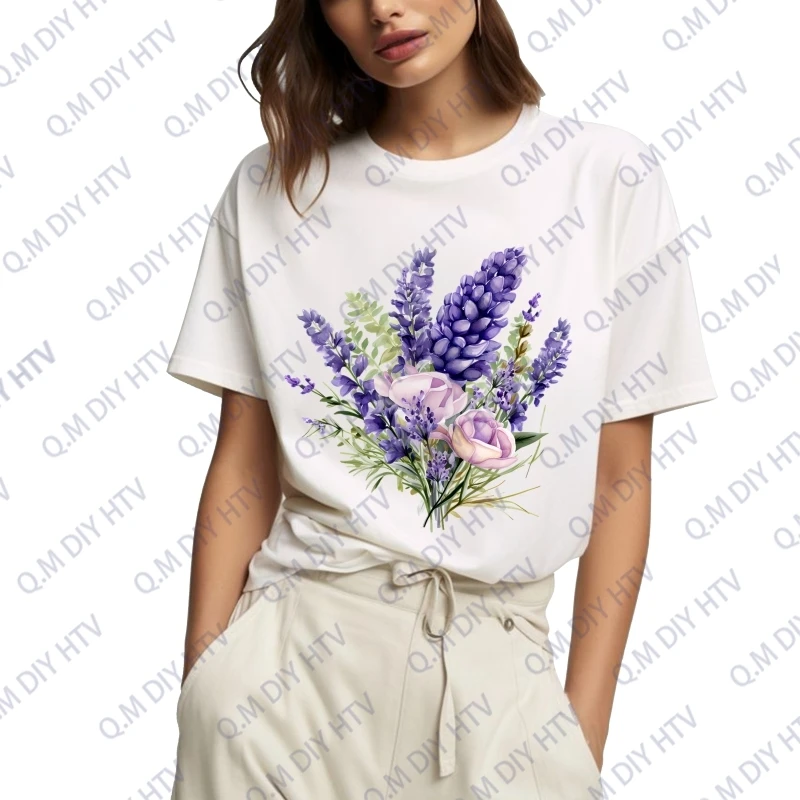 Art oil painting lavender bouquet hot press stickers heat transfer printing T-shirt printing DIY ironing patch stickers washable