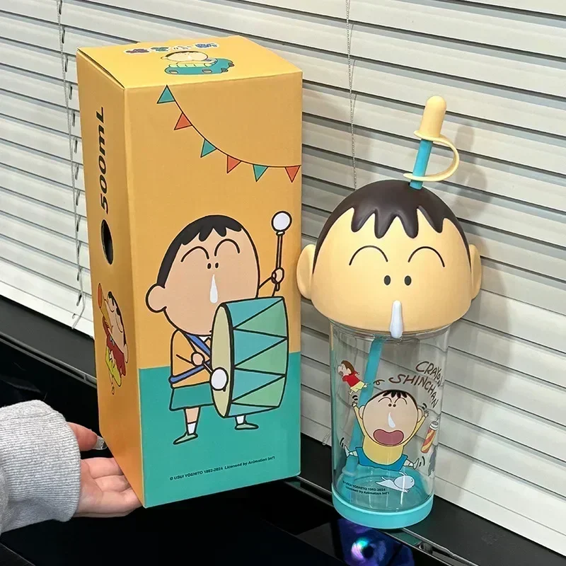 500-600ml Crayon Shin-Chan Cute Big Head Kawaii Heat-Resistant Anime Plastic Water Cup Student Large Capacity Portable Straw Cup