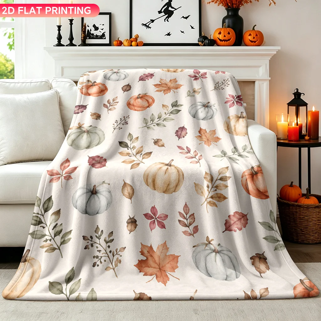 Flannel Blanket 1pc, Pumpkins And Autumn Leaves, Soft Air Conditioning Blankets, Office Sofa Blankets, Nap Blankets, Camping Bla
