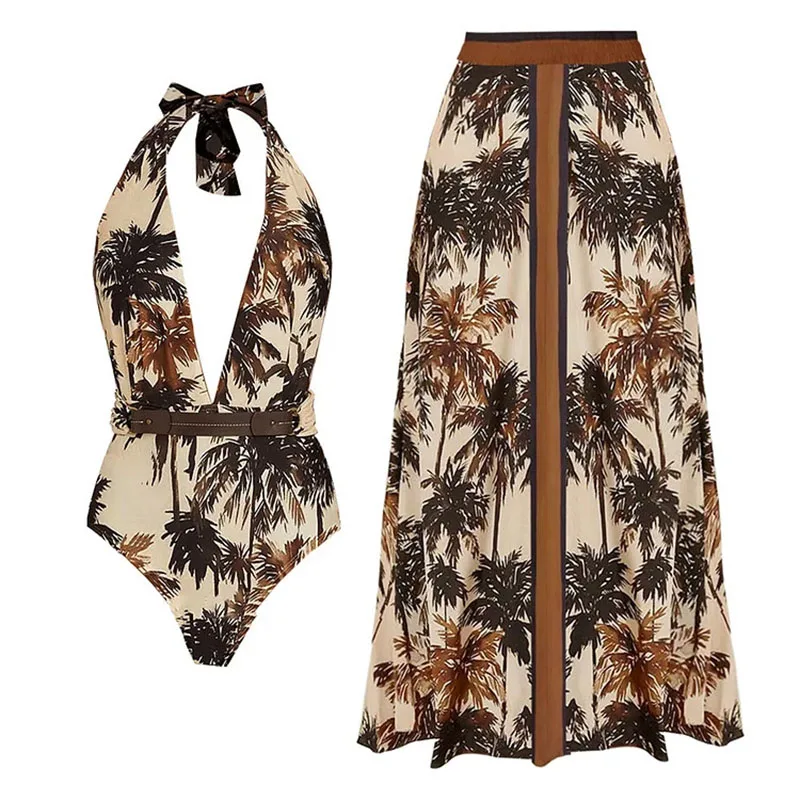 Floral One-piece Women's Swimwear Deep V Halter Neck Retro Print Beach Vacation Style Long Dress for Women