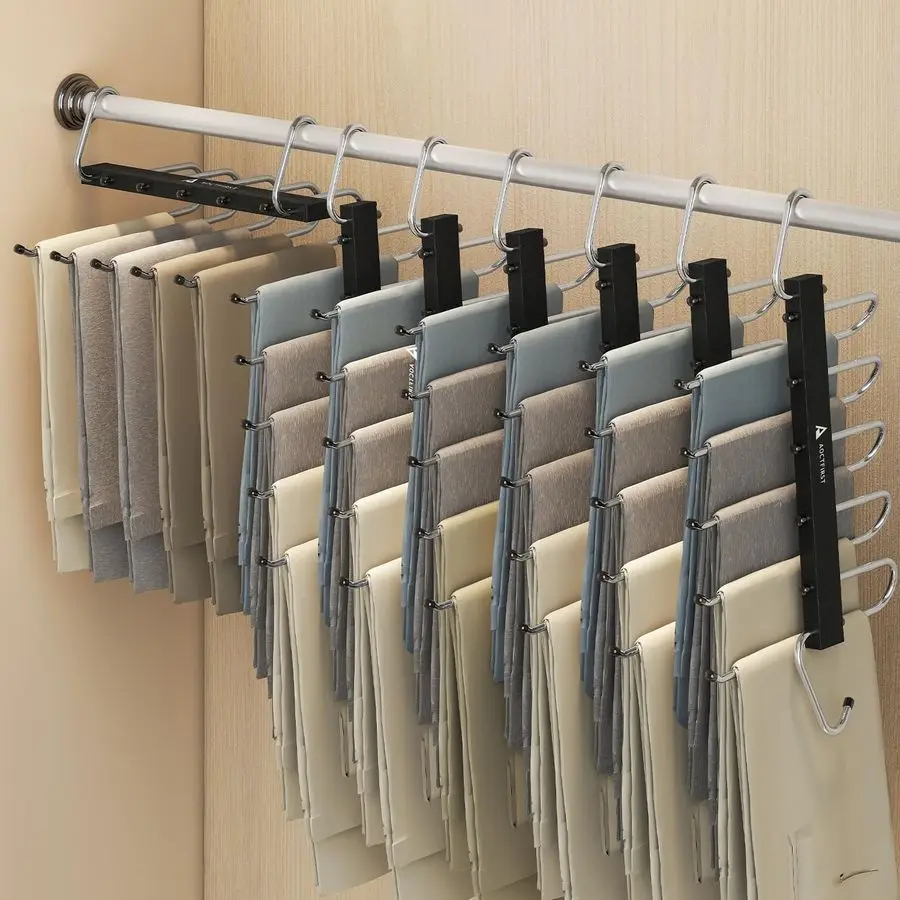 

Organizer Hangers Space Saving 6 Pack 5Tier Pants Hanger for Jeans, Shorts amp Skirts Vertical Storage Solution Heavy Duty Black