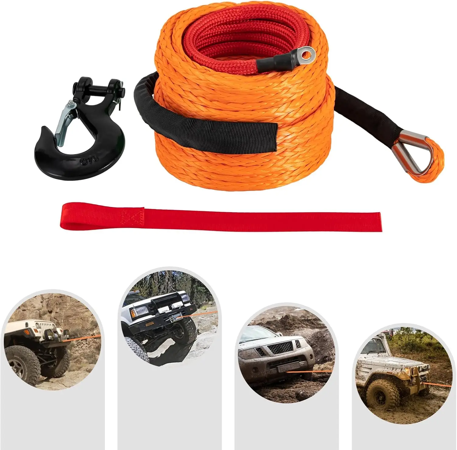 Synthetic Winch Rope with Hook, Car Tow Recovery Cable 9T/19854lbs Breaking Strength Winch Cable with Protective Sleeve