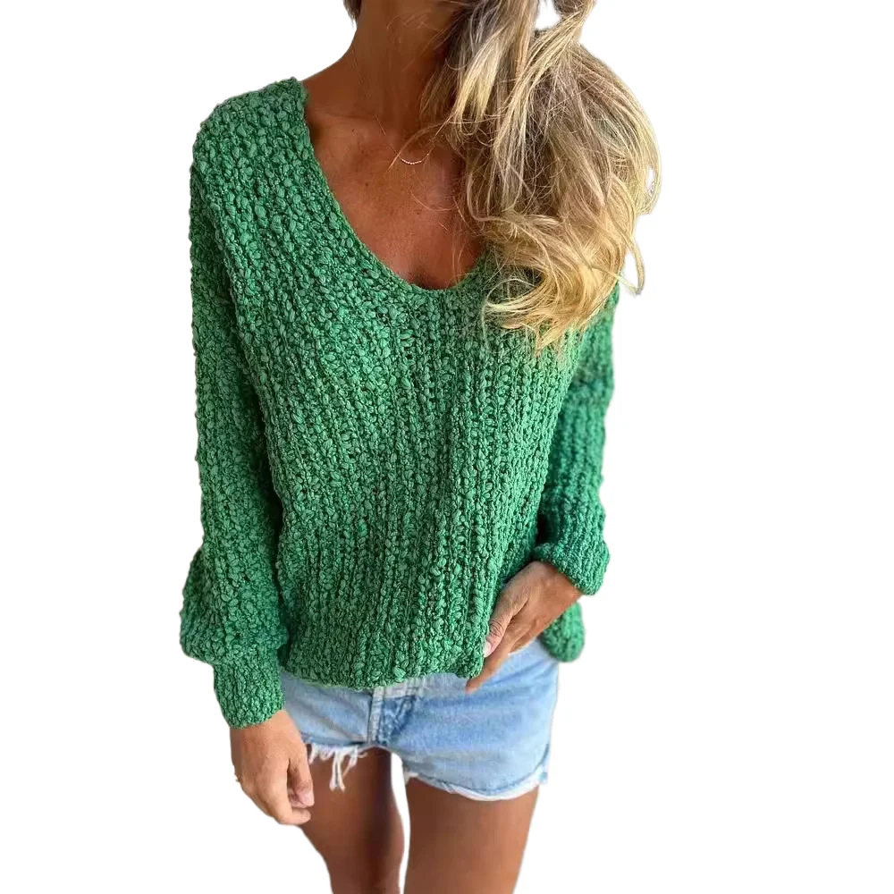

Casual Solid Sweater For Women Loose V-neck Long Sleeved Thick Twist Knitted Pullover Autumn Winter New Elegant Lady Home Tops