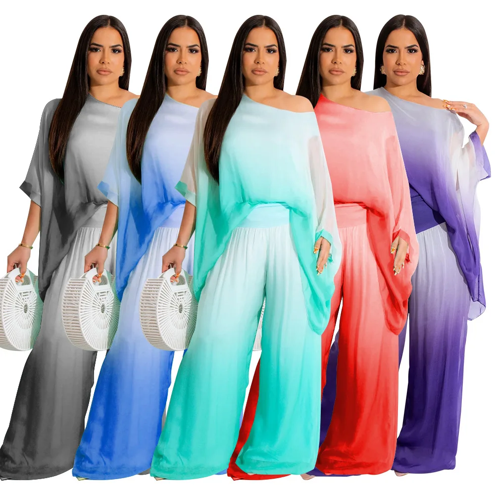 Fashion Women's Popular Bat Sleeve Chiffon Gradient Tie Dye Casual Outfits Set Dresses for 2023 Summer Long Boho Chic Maxi Dress